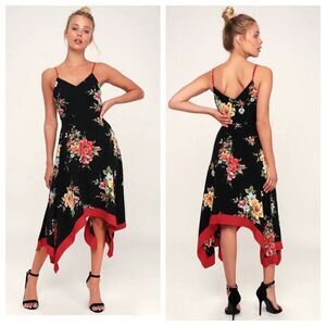 Lulu’s Go Fleur a Twirl Black Floral Print Handkerchief Midi Dress Size Large